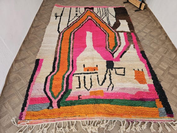 Handmade Abstract Boujaad Rug: Colorful Berber Wool Carpet
