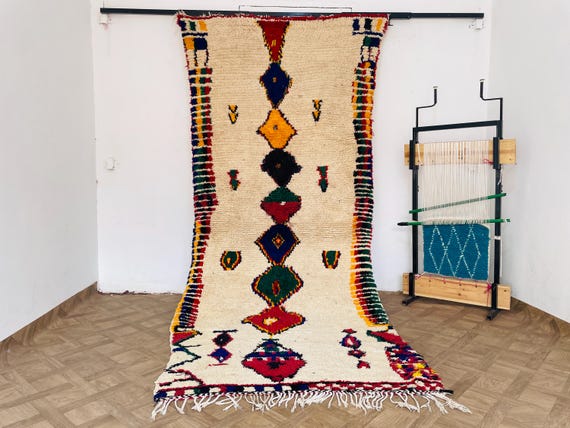 Handmade White Boho Moroccan Runner Rug | Colorful Vintage Beni Ourain Area Rug for Living Room | Wool Home Decor