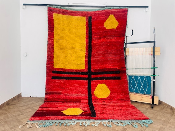 Bold Beauty! Red & Yellow Beni Ourain Rug – Handwoven Moroccan Wool Carpet – Custom Boho Area Rug for Artistic Interiors