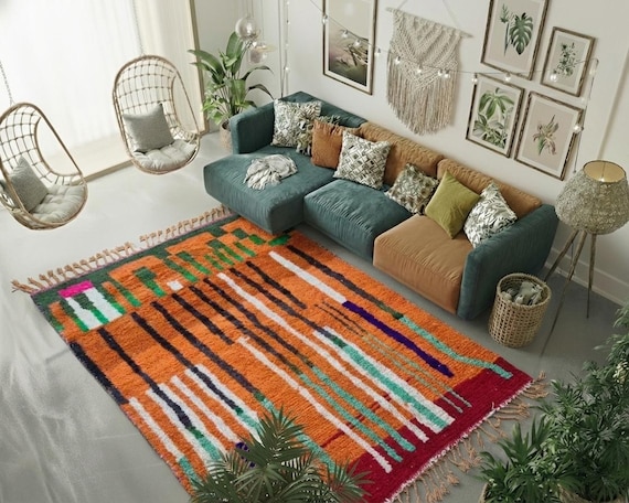 Boho Orange Moroccan Rug | Custom Berber Wool Carpet | Living Room Decor
