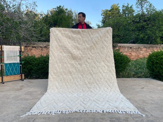White Moroccan Area Rug - Beni Ourain Wool Rug with Geometric Design - Mid Century Modern Berber Carpet for Living Room