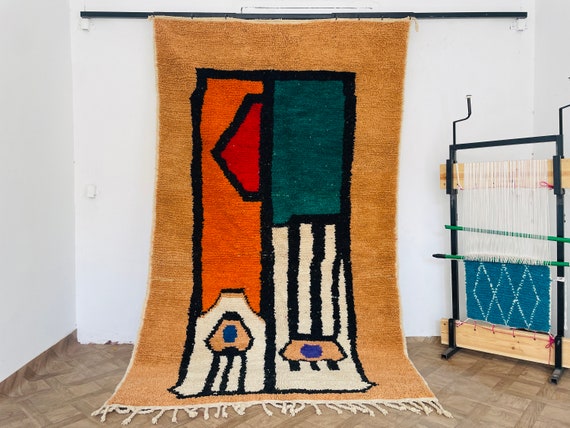 Art Lover’s Choice! Abstract Moroccan Rug – Handmade Wool Beni Ourain Carpet – Modern Berber Statement Piece – Terracotta Tones