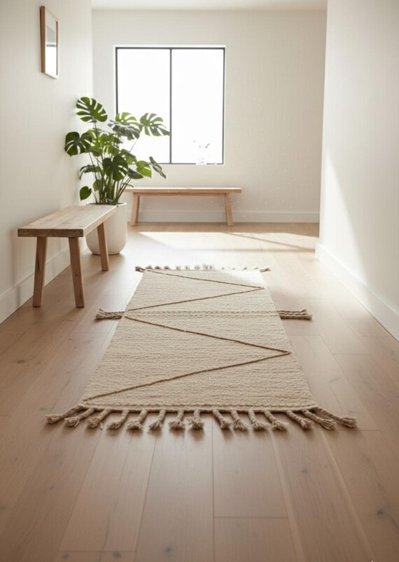 Handwoven Moroccan Kilim Runner Rug: Geometric Hallway, Stairs