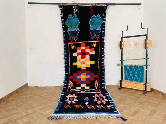 Hallway Carpet Runner Rugs - Berber Vintage Carpet - Moroccan Geometric Rug - Runner Rug Traditional Black - Tapis Marocain Ancien