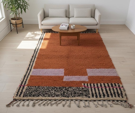 Handwoven Terracotta Moroccan Rug, Berber Wool Carpet, Boho Decor