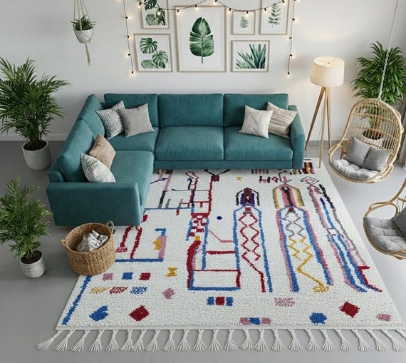 Custom 8x10 Moroccan Azilal rug with colorful geometric Berber patterns, handmade sheep wool area rug