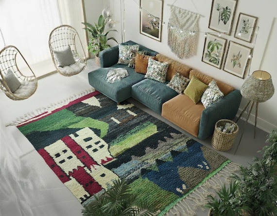 Custom Green Boujaad Wool Rug, Handmade Moroccan Rug