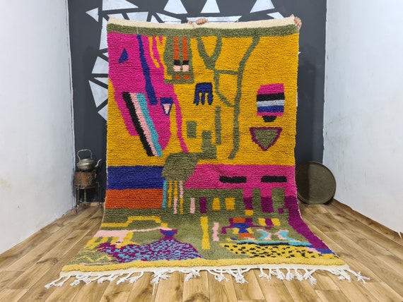 Gorgeous Beni Ourain Yellow Rug - yellow wool afrikesh rug - colorful rug- halloween unique- custom rug- afrikesh yellow rug - moroccan rugs