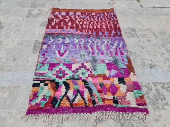 Handmade Moroccan Wool Rug: Colorful Abstract Boho Fringe Carpet