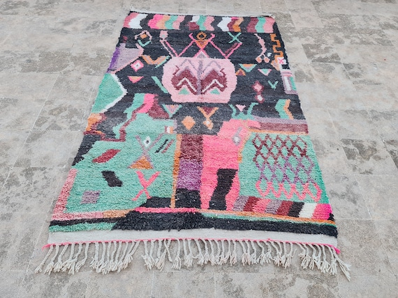 Handmade Wool Boujad Rug: Abstract Multicolored Moroccan Carpet