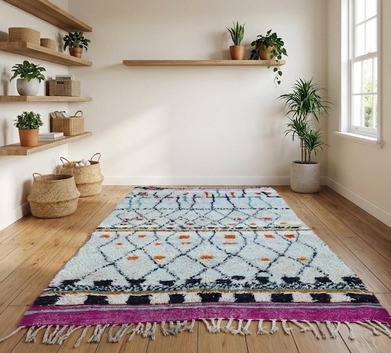 8x10 Azilal Berber rug, off white Moroccan area rug for living room decor