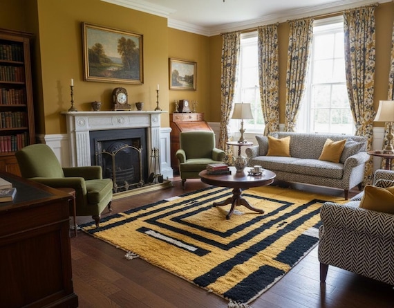 Beni Ourain Wool Rug, Black and Yellow Abstract Berber Rug