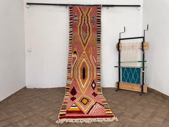 Moroccan Boujaad Runner Rug, Colorful Bohemian Entryway Rug, Handmade Hallway Runner