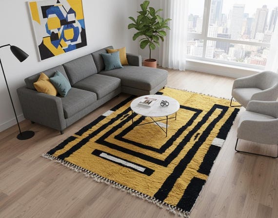 Wool Beni Ourain Rug, 8x10 Black Yellow Abstract Berber Rug