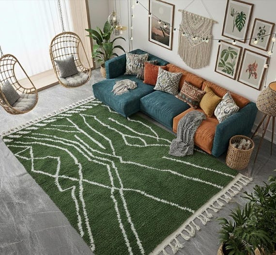 Handmade Beni Ourain Rug, Modern Abstract Green White, 8'x10'