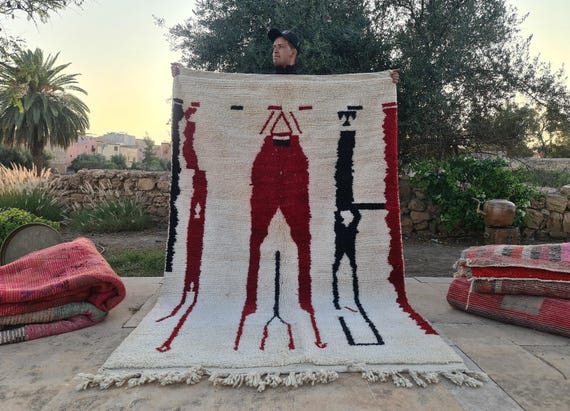 Tapis Marocain En Laine - Tapis Berbere Blanc Authentique - Tapis Traditionnel Marocain Tissu - Tapis Chambre à Coucher Moderne