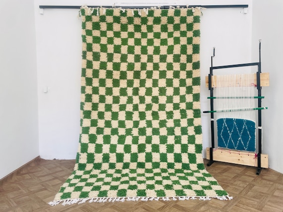 Handmade Moroccan Checkered Rug - Green & Off White Berber Checkerboard Rug