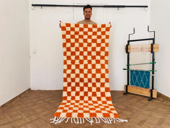 Orange Moroccan Rug, Living Room Rug, Custom Moroccan Rugs, Wool Area Rug, Handwoven Checkered, Gift for Her
