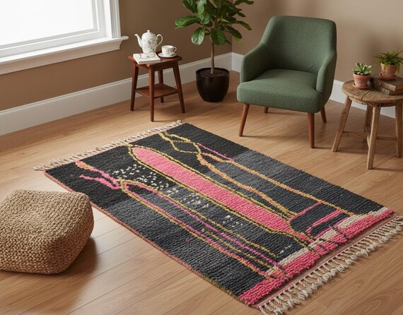 Handmade Moroccan Wool Rug: Pink, Black Grey Abstract Berber Carpet
