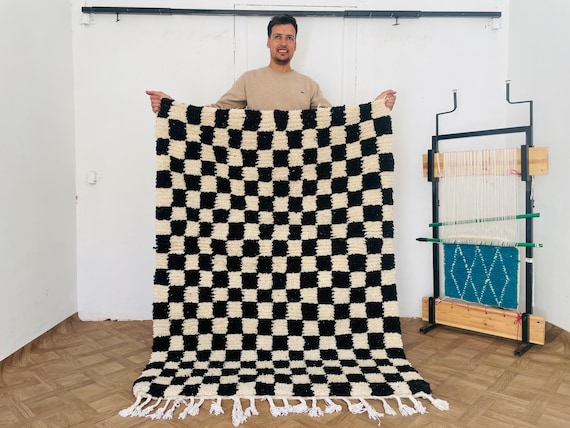 GORGEOUS Checkered Rug Black and White, Moroccan Oversize Rug 8x10, Kitchen Wool Rug, Handmade Living Room Decor