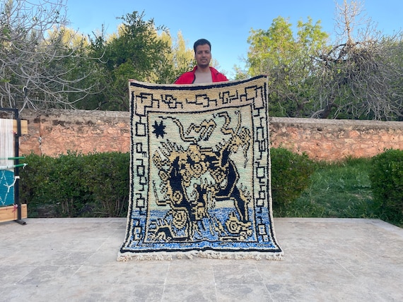 Handwoven Moroccan Boujaad Rug | Abstract Black & Cream Wool Accent Carpet (4×6 ft)
