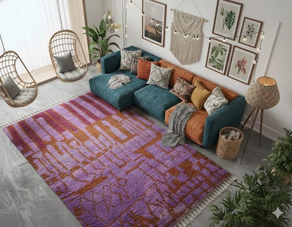 Hand-Knotted Moroccan Wool Rug – Purple Washable Area Rug