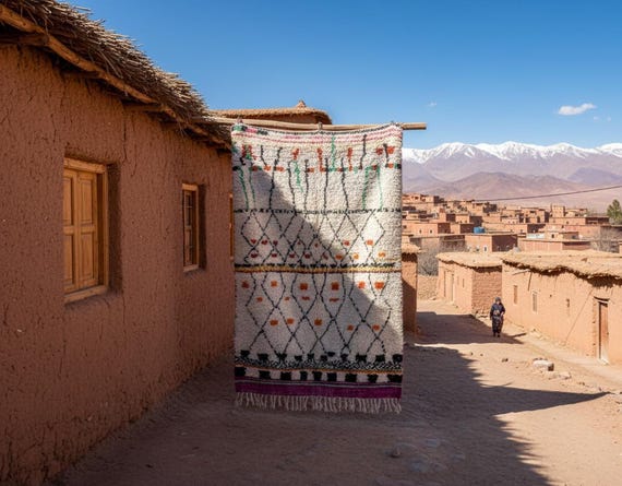 8x10 area rug, off white Moroccan Azilal rug, abstract Berber design for living room