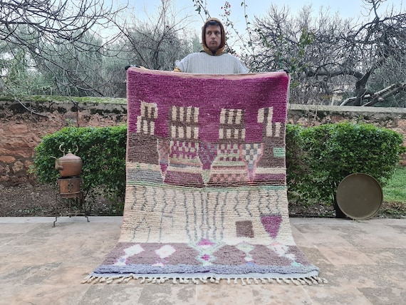 Father’s Day Gift! Personalized Purple Moroccan Rug – Handmade Boujaad Wool Carpet – Unique Berber Floor Art