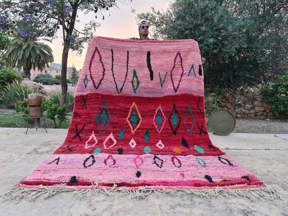 Vintage Masterpiece Boujaad Rug – Handmade Rose Moroccan Carpet – 5x7 Custom Wool Area Rug – Boho Home Decor
