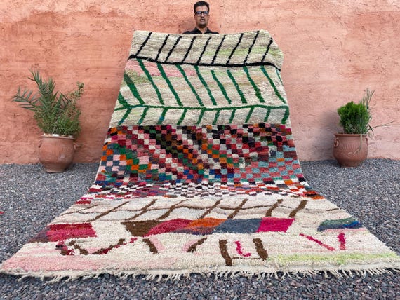 8x10 Moroccan Boujaad Area Rug – Colorful Abstract Wool Carpet – Handmade Bohemian Floor Rug for Living Room or Bedroom Decor