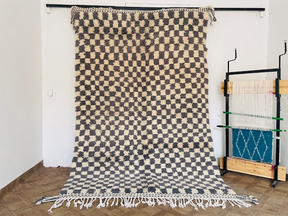 Checkered Wool Rug for Living Room, Custom Area Rug, Washable Bedroom Carpet, Modern Nursery Rug