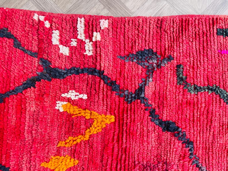 Red and Black Carpet Living Room Handmade Vintage Area Rug Wool Low