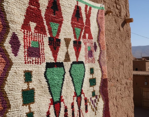 Handmade Wool Tufted Rug - Red/Green Moroccan Area Rug, Cool Berber Design for Bedroom, Christmas Gift