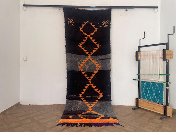Vintage Handmade Runner Rug - Colorful Wool Kitchen Or Hallway Rug, Black Orange Decorative Ethnic Rug