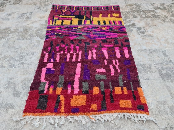 Handmade Wool Berber Rug: Colorful Abstract Moroccan Boujaad