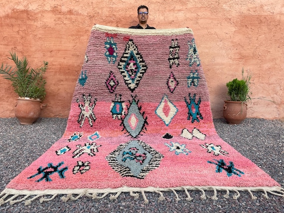 7x10 Pink Boujaad Moroccan Rug – Handmade Wool Abstract Rug – Tribal Berber Carpet – Boho Living Room Decor – Unique Moroccan Gift