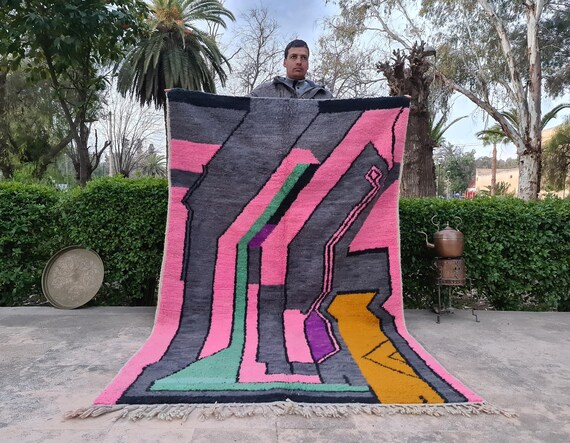 Washable Kids Pink Area Rugs - Grey And Pink Rug - Unique and Colorful Azilal Rugs - Pink Rugs For Bedroom Girls - Pink Aesthetic Room Decor