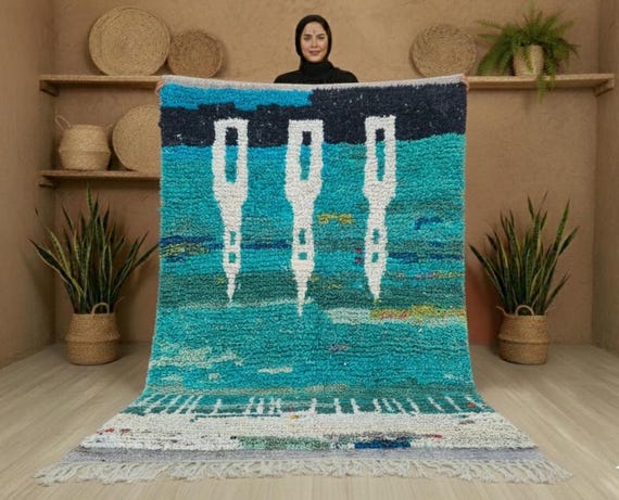 Handmade Moroccan Wool Rug, Abstract Design, 70s Decor