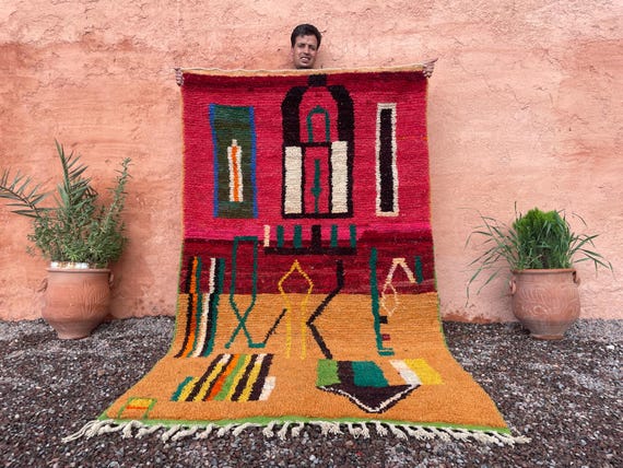 Bold Abstract Boujaad Moroccan Rug – Handmade Wool Area Carpet – Red & Mustard Artistic Living Room Rug – 5x7 6x9 8x10