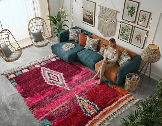 Handmade Moroccan Rug, Bohemian Wool Boujad Rug, Custom Size