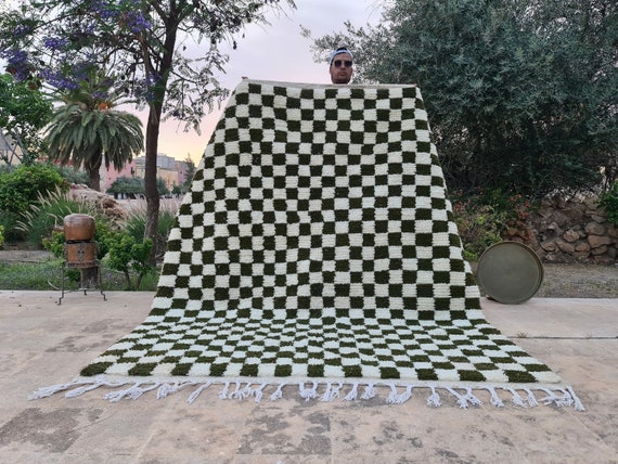 Moroccan Rug Custom, Green Checker Rug, Berber Checkered Rug, Handmade Wool Rug, Beni Ourain Rug, Living Room Rug, Home Decor And Gifts