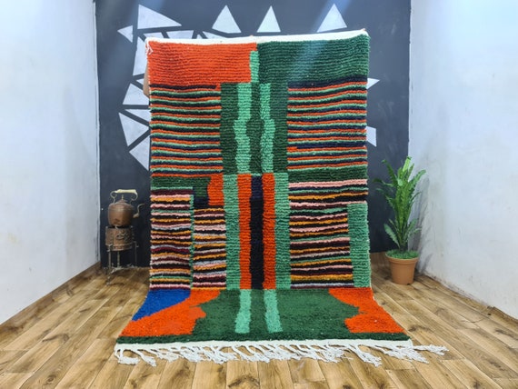 Vibrant Boujaad Moroccan Rug | Green & Orange Rug | Hand-Tufted Abstract Design | Bedroom or Living Room Decor | Adds Charm to Any Space