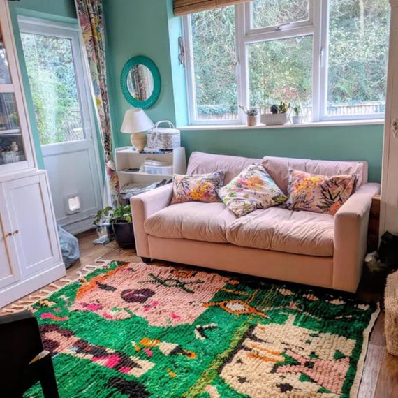 Handmade Moroccan Green Wool Rug, Beni Ourain Style