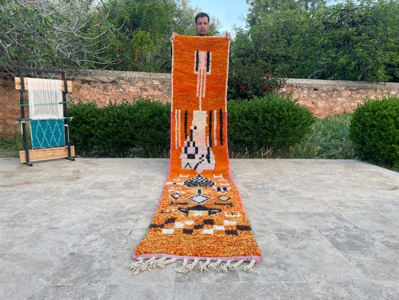Orange Runner Rug 2x16, Washable Kitchen Runner, Bathroom Rug, Hallway Rug, Moroccan Handwoven, Runner Carpet
