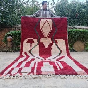 Red Moroccan Rug – Abstract Wool Area Rug 5x8 | Handmade Berber Rug | Artistic Modern Carpet for Living Room or Bedroom | Gift for Him