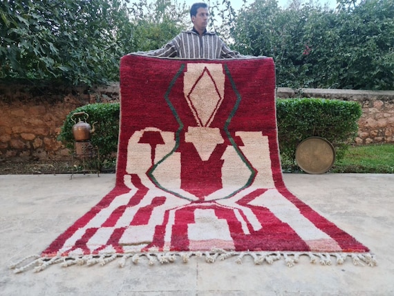 Red Moroccan Rug – Abstract Wool Area Rug 5x8 | Handmade Berber Rug | Artistic Modern Carpet for Living Room or Bedroom | Gift for Him