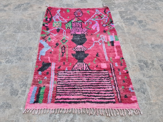 Washable Moroccan Area Rug: 8x10 Boho Abstract Wool Carpet