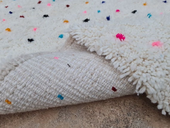Handmade White Moroccan Wool Rug: Colorful Polka Dot Berber Carpet