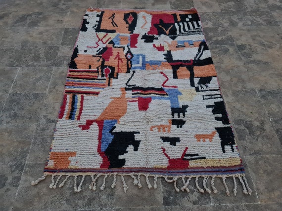 Handmade Berber Wool Rug: Colorful Animal Design, Boho Decor