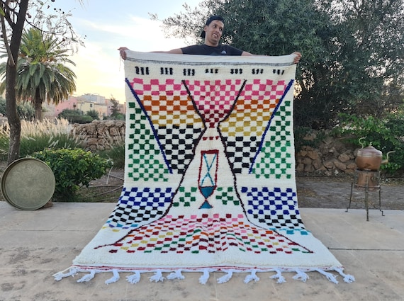 Playful Checkered White Moroccan Rug – Colorful Handmade Wool Carpet | Custom Berber Rug | Modern Boho Area Rug | Tapis à Carreaux